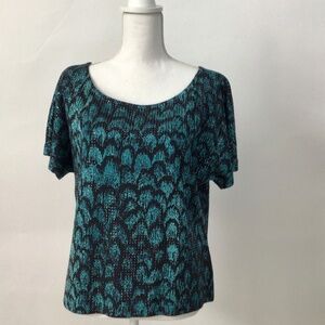 ST. JOHN Evening Black & Teal Embellished Knit Blouse Top